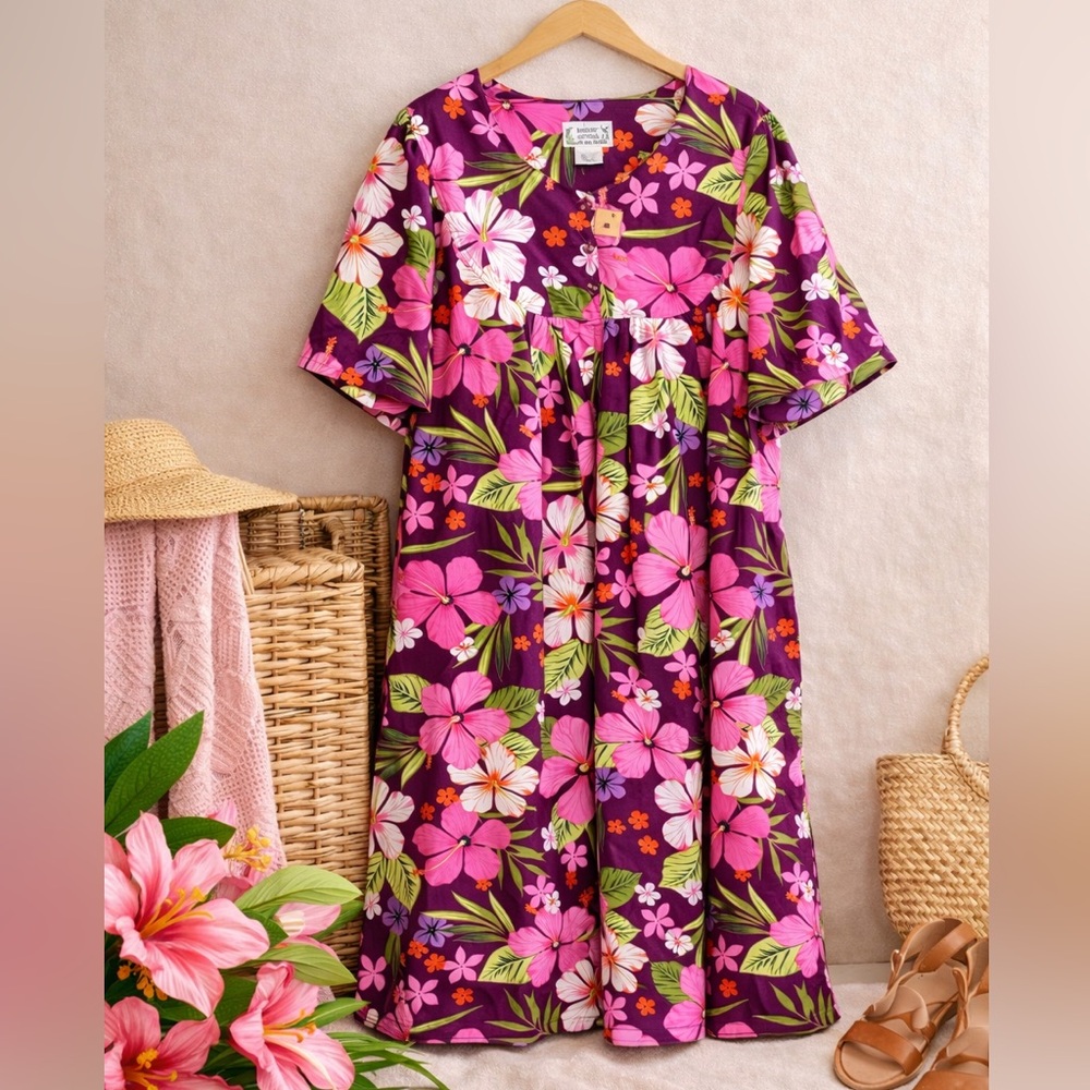 Plus Size 2X Tropical Floral Dress | Desert Shores Pink Hawaiian Resort Dress